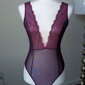 Rose Embroidery Mesh Thong Bodysuit NWOT